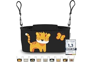 GRINSEZWERGE Pram Organiser - Premium Pram Bag Lockable I Children's Buggy Bag with Wet Wipe Dispenser I Baby Stroller Bag Grey I Storage Bag (Theo Tiger (Black))