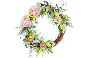 JIAJIAYI Artificial Peony Wreath Handmade Flower Wreath with Green Leaves Spring Grapevine Wreath Rose Wreaths Wall Hanging Pendant for Door Farmhouse Party Wedding Home Wall Hanging Decor (40CM)