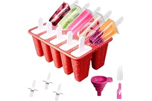 MEAJORE Eisformen Eis am Stiel, 10 Hohlräume + 3 Extra Stiele, Silikon Eisformen für Stieleis, DIY Kreative Eisform mit Silikontrichter und Reinigungsbürste, BPA-frei (Rot)