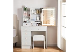 Guanglai Makeup Vanity with Lights,Makeup Vanity with Sliding Mirror and LED Lights, Vanity Table Set with Drawers and Stool,Shelves,Bedroom Vanity Mirror with Lights Desk and Chair,White