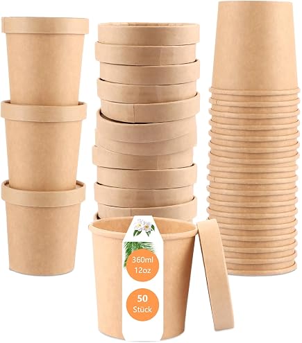 Gobelets En Carton Kraft Marron 360 Ml - Lot De 50 Avec Couvercles, Jetables, Micro-ondes Safe, Pour Soupe, Salade, Glace - 11