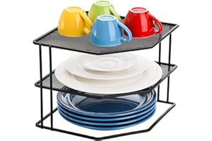 yarlung 3-Tier Cabinet Corner Shelf, 9x9x7.5 Inches/22.9x22.9x19.1cm Metal Wire Plate Rack Kitchen Counter Corner Organizer for Cups, Dishes, Cupboard, Pantry, Black Elegant Finish