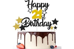 Gidobo 21st Birthday Cake Toppers, Black Gold Glittery Cake Decorations with Stars, Twenty-One Years Old Birthday Party Supplies for Men and Women