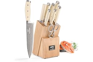 NANFANG BROTHERS Ensemble de Couteaux, 9 Pièces de Couteaux de Cuisine Damassés Avec Bloc, Manche ABS Antidérapant Pour Ensemble de Couteaux de Cuisine, Aiguiseur de Couteaux et Ciseaux, Blanc