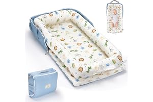 Baby Lounger with Strap, Foldable Baby Lounger, Infant Nest Cosleeping for Baby in Bed Adjustable Size & Inner Zipper Lengthen Space to 24 Months (Animal World Blue)