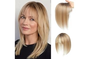 GULALUUK Hair Toppers for Women Real Human Hair with Bangs 10 Inch Upgrade Swiss Lace Base Toppers Hairpieces with Thinning for Daily Wear (Ombre Light Blonde)