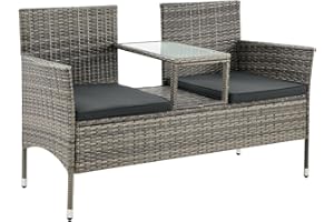 Juskys Banco de jardín de ratán sintético Monaco - Banco de 2 plazas con Mesa y Cojines - 133 x 63 x 84 cm - Banco de ratán Resistente a la Intemperie balcón de jardín - Gris Moteado