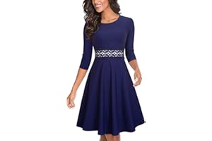 HOMEYEE Damen Vintage Rundhalsausschnitt Blumen Bestickt Knielang Elegant Cocktailkleid UKA079