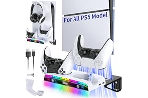 AUARTE Support Mural RGB pour PS5 PRO/Slim/Digital, Station de Charge DualSense/Edge, Support de Casque & 3 Hubs USB - 15 Lumières RGB pour Playstation 5 Accessoires