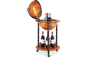 KOMFOTTEU Botellero Bar Globo Terráqueo con Ruedas, Soporte para Botellas de 2 Niveles, Carrito de Bar de Madera, Mueble Minibar para Bebidas, para Restaurante, Fiesta (Marrón, 45 x 45 x 88 cm)