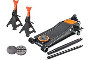 JOMAFA Juego Gato carretilla doble piston perfil bajo 3,5 toneladas (3500kg) + dos caballetes 6 ton