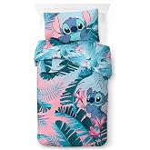 Disney Lilo and Stitch Floral Bedding Set with Duvet Cover Single Bed in Plush Cotton - Includes One Pillowcase 50 x 70 cm