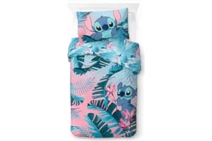 Jay Franco Disney Lilo & Stitch - Parure de lit Une Personne pour Enfant - Ensemble Housse de Couette et taie d'oreiller 50 x 70 cm - 100% Coton