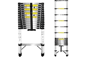 BRSTHECO 4.4 m Teleskopleiter,Edelstahl Leiter Ausziehbar,Hochfest Verstärkt Ladder,Ausziehbare Leiter Mit Rutschfesten Füßen,Für Dach,Dachboden,Wohnmobil,Tragkraft 150 kg