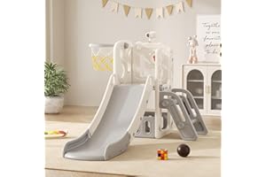 VUECER Slide with Climbing Frame for Children: Indoor and Outdoor Playground with Storage Box Tunnel Stair Ladder Basketball Hoop and Passage Area Garden Slide (Elf-A-Grey)