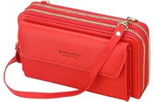 YIXUAN LLC Sacs Femme Pochette Téléphone Portable, avec Porte Cartes et 2 Fermeture Éclair, en Cuir PU avec Longue Réglables Bandoulière (Rouge)