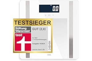 ADE Digitale Körperfettwaage Ines bis 200 kg | Testsieger 2024 | Personenwaage mit Körperfettanalyse, BMI, Muskelmasse, Körperwasser, Gewicht, BMR | Körperwaage mit Benutzererkennung | weiß