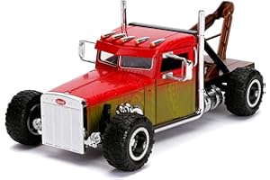 Jada Toys Szybcy i wściekli Hobbs and Shaw Custom Peterbilt Truck, samochód, model tuningowy w skali 1:24, otwierane drzwi, wolnobieg, czerwony/żółty