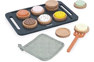 Janod -Atelier Biscuits en Bois - Kit Pâtisserie - Plateau Biscuits avec Gant et Spatule - Jouet d'Imitation pour Enfants - Idéal Accessoires Cuisine Enfant - Dès 3 Ans - J06643