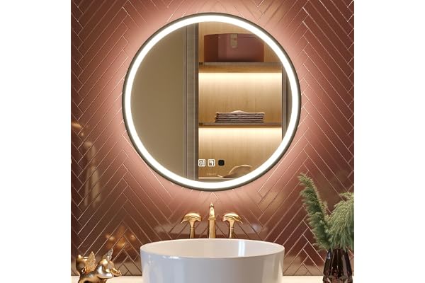 GANPE Miroir de courtoisie Rond à capteur LED, avec éclairage à intensité Variable, Anti-buée, étanche IP44, pour Salle de Bain (Noir, 70_x_70_cm)