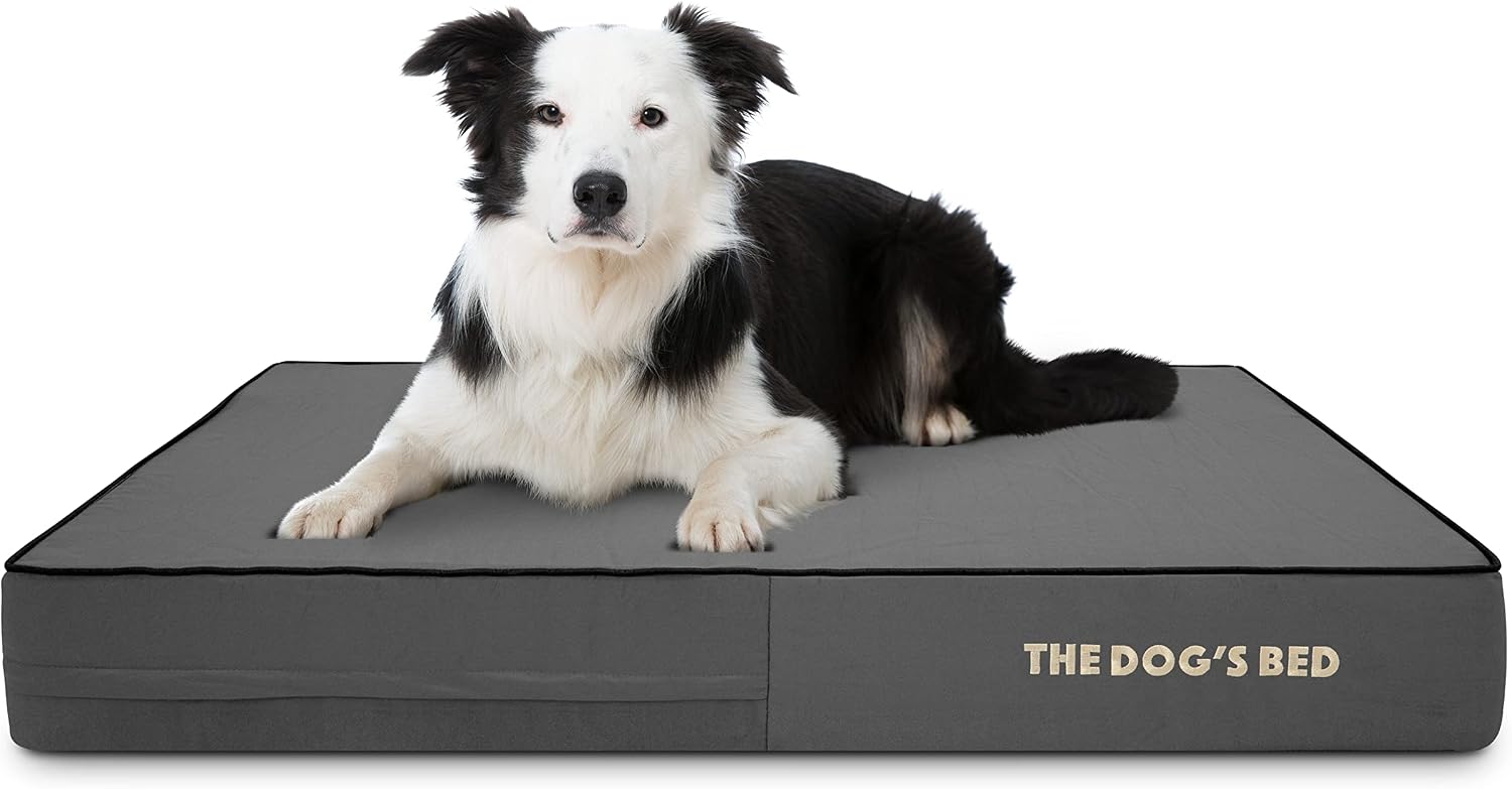 The Dog’s Bed Orthopaedic Memory Foam Dog Bed for Large Dogs, Waterproof Washable Cover, Anti-Slip Base, Calming Surface – CertiPUR-Certified Foam, Grey Oxford with Black Trim, 15cm Thick