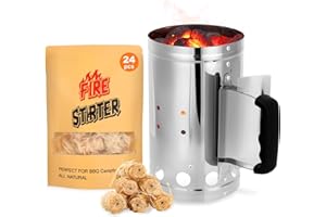 SUNLIFER BBQ Charcoal Chimney Starter Kit: Quick Fire Starters With Natural Wood Wool Fire lighters 24Pcs, Coal Starter for Barbecue Grill (27Cm Height)