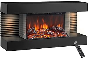 KAMINIO Camino elettrico LIZ - Caminetto elettrico da parete con riscaldamento, effetto fiamma 3D, luce ambiente a LED, telecomando (Nero)