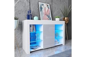 GCONLINE White Gloss Sideboard Cabinet Unit With Storage, Wooden Cupboard Display Cabinet with LED Lights, High Gloss Grey Door Glass Shelves for Living Room Dining Room