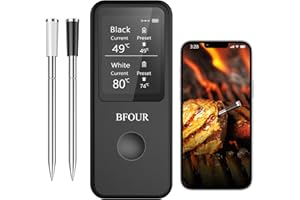 BFOUR Fleischthermometer Kabellos Grillthermometer Bluetooth mit Doppelsonde, App-Steuerung, IP67 wasserdicht, Bratenthermometer drahtlos für Grill, Backofen, Rotisserie