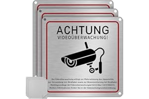 UXOIEPIO 3er Set Schild Videoüberwachung Privatgrundstück 15 x 15 cm aus Aluminium mit Klebeband - Hinweisschild Videoüberwachung inkl. DSGVO Hinweis, selbstklebend & vorgebohrt