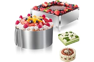 Yuragim Anello per torta in acciaio inox, regolabile, 2 pezzi, set di anelli per torte, rettangolare, 15 – 28 cm, rotondo 16 – 30 cm, per torte, torte, pizze, dolci, accessori da forno