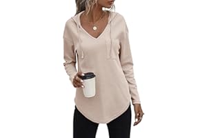 VEUNCOS Pullover Damen Hoodie Langarm V Ausschnitt Kapuzenpullover Lockere Sweatshirt Oberteil mit Kordelzug