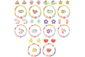 Hifot enfants fille bagues Boucles d'oreilles clip Bracelet 30 pièces, Licorne sirène papillon fleurs arc-en-ciel Princess bijoux Cadeaux set fête Accessoire