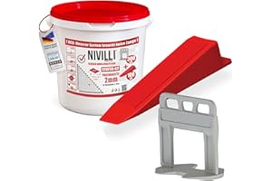 Nivilli KEILY - Juego de 300 lengüetas y 100 cuñas. Sistema de nivelación profesional sin alicates, ayuda para la colocación de azulejos. El mejor precio a un precio económico. Ancho de junta: 2 mm,