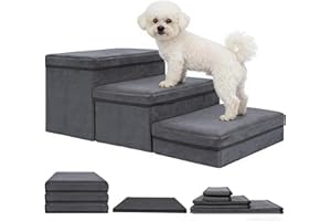 AKOZLIN Hundetreppe mit Stauraum, 3 Stufen, faltbar, extra breite Haustierrampe, rutschfeste Hunderampe,Haustierleiter, Haustiertreppe für kleine bis große Hunde, Katzen, Dunkelgrau 75×40×30