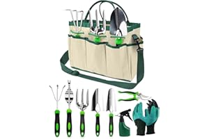Zenmos 9 Pieces Garden Tools Set, Gardening Hand Tool with 2-in-1 Storage Bag, Gardening Kit with Non-Slip Handles, Heavy Duty Garden Tools for Women & Men - Green