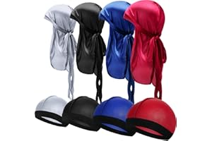 SATINIOR 8 Piezas de Durag de Seda Gorro de Onda Elástico Envoltura de Cabeza con Cola Larga Correas Anchas