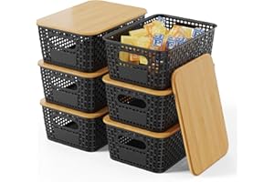 Shrivee 6er-Set Aufbewahrungsbox mit Bambus Deckel, 5L Aufbewahrungskorb, Kunststoff Korb Aufbewahrung, Küchen Aufbewahrungsboxen für Regale, Schränke, Schränke und Zuhause (Schwarz)