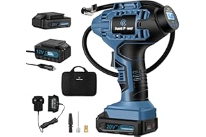 C P CHANTPOWER Tyre Inflator Air Compressor, 20V Cordless Car Tyre Pump with Rechargeable Li-ion Battery, 12V Car Power Adapter, Digital Pressure Gauge Blue