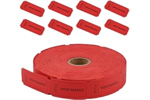 TIKPLUS 1000 Stück Wertmarken Rollen, Essensmarken Rot, Abrisse Getränkemarken, Fortlaufende Nummer Gutscheinmarken für Geschäfte Bar Hochzeit Karneval Party Veranstaltungen