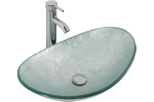 ‎YU YUSING YU YUSING Aufsatzwaschbecken Waschbecken Glas Waschtisch, Oval Hand Waschschale mit Wasserhahn Set, Waschplätze für Badezimmer Bad Küche Gäste WC, Modern Silber,53 x 35 x 16 cm