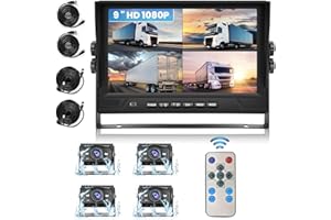 OILIEHU Caméra de Recul Voiture Filaire Kit, 9" 1080P Moniteur et 4 × Caméra de recul IR Vision de Nuit et Étanche IP69, Câble Aviation 4 Broches 32.8ft, 65.6ft, Caméra de recul pour Camping Car DC 12-24V