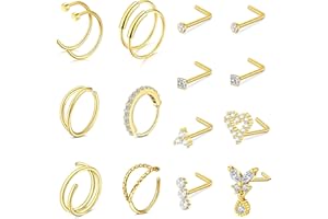 Rajnard 18PCS 316L Surgical Steel Nose Ring Studs 20G 8mm 7mm Silver Gold L-shape Nose Screw Nose Hoop Rings for Women Girls Stainless Steel Nostril Piercing Jewelry