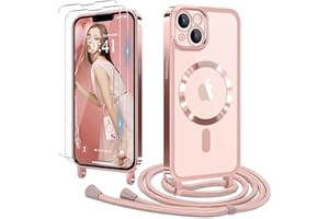Ethanger Handykette für iPhone 13 iPhone 14 mit Band + 2 Stück Glas Schutzfolie Transparent Silikon Handyhülle Magnetische Schutzhülle zum Kordel für iPhone 13/14 Rosa