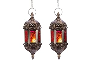 Nuptio Linterna Vela Marroquí Candelabros Colgantes para Velas Té 2 Piezas Lámpara Ramadán Metal y Vidrio, Farolillos Decorativos Marrones Velas para Sala Balcón Patio Decoraciones Navideñas