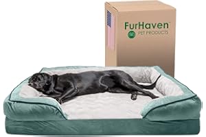 FurHaven Cooling Gel Dog Bed for Large Dogs w/Removable Bolsters & Washable Cover, For Dogs Up to 125 lbs - Plush & Velvet Waves Perfect Comfort Sofa - Celadon Green, Jumbo Plus/XXL