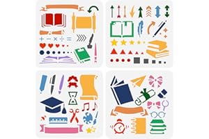 FINGERINSPIRE 4 Pcs Mathematical Symbols Stencil 15x15cm Book Stencil for Painting Music Note Stencil Plastic Book Pen Star Arrow Clock Patterns Template DIY Craft Stencil for School Library Decor