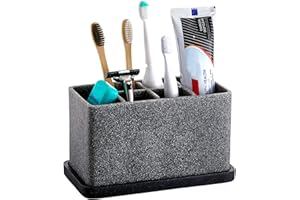 ZCCZ Badezimmer Accessoire – großer Zahnbürstenhalter in edler Stein-Optik, quadratischer Zahnputzbecher mit vielen Fächern für elektrische Zahnbürste, Kosmetik, Pinsel, Rasierer – Organizer in