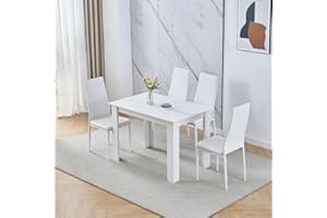 MENAKA Modern White Dining Room Table Wooden and Pu Leather Chairs Set of 4 for Small Space, 5pcs Kitchen Rectangular Table with 4 White Chairs Set Space-saving