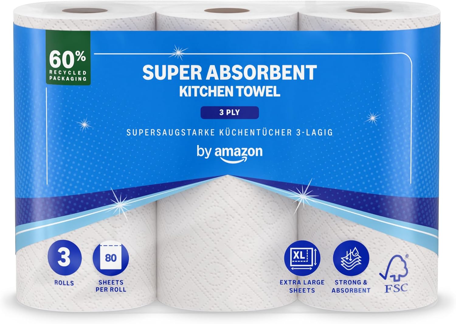 by Amazon Papel de Cocina Superabsorbente, 3 Capas, 3 Rollos (1 Paquete de 3), 80 Hojas por Rollo, Certificado FSC (Anteriormente Presto!)